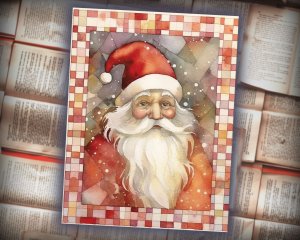 16 papers | Christmas Santa Red and Gold Scrap Patchwork Art, Watercolor Style Illustration for Scrapbooking, Junk Journal Kit