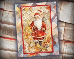 16 papers | Christmas Santa Red and Gold Scrap Patchwork Art, Watercolor Style Illustration for Scrapbooking, Junk Journal Kit