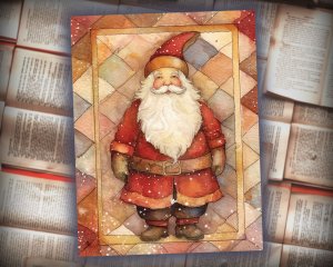 16 papers | Christmas Santa Red and Gold Scrap Patchwork Art, Watercolor Style Illustration for Scrapbooking, Junk Journal Kit