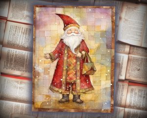 16 papers | Christmas Santa Red and Gold Scrap Patchwork Art, Watercolor Style Illustration for Scrapbooking, Junk Journal Kit