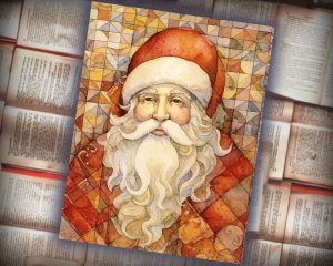 16 papers | Christmas Santa Red and Gold Scrap Patchwork Art, Watercolor Style Illustration for Scrapbooking, Junk Journal Kit