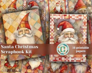 16 papers | Christmas Santa Red and Gold Scrap Patchwork Art, Watercolor Style Illustration for Scrapbooking, Junk Journal Kit