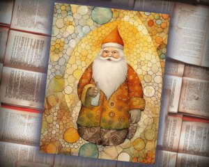 16 papers | Christmas Santa Yellow Gold Scrap Patchwork Art, Watercolor Style Illustration for Scrapbooking, Junk Journal Kit