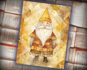 16 papers | Christmas Santa Yellow Gold Scrap Patchwork Art, Watercolor Style Illustration for Scrapbooking, Junk Journal Kit