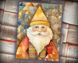 16 papers | Christmas Santa Yellow Gold Scrap Patchwork Art, Watercolor Style Illustration for Scrapbooking, Junk Journal Kit