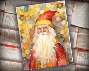 16 papers | Christmas Santa Yellow Gold Scrap Patchwork Art, Watercolor Style Illustration for Scrapbooking, Junk Journal Kit