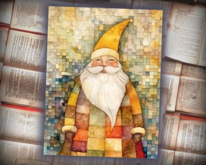 16 papers | Christmas Santa Yellow Gold Scrap Patchwork Art, Watercolor Style Illustration for Scrapbooking, Junk Journal Kit