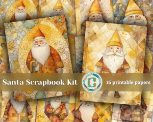 16 papers | Christmas Santa Yellow Gold Scrap Patchwork Art, Watercolor Style Illustration for Scrapbooking, Junk Journal Kit