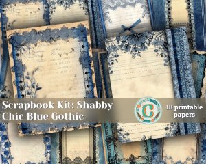 18 Papers | Shabby Chic Scrapbooking Kit | Blue Gothic Lace Border Embroidery Printable | Junk Journal Ephemera | DIY Invitations