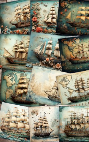 12 papers | Vintage Retro World Map Scrapbooking Kit | Ocean Creatures Illustrated | Shabby Chic Ephemera | Perfect for Invitations