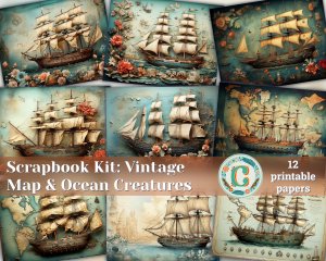 12 papers | Vintage Retro World Map Scrapbooking Kit | Ocean Creatures Illustrated | Shabby Chic Ephemera | Perfect for Invitations