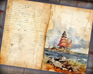 12 papers | Sea and Lighthouse Junk Journal Background with Intricate Details and Colorful Cliparts | Printable Scrapbooking Kit