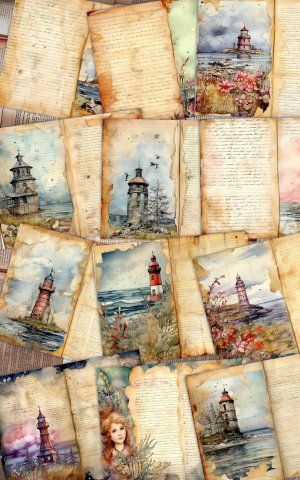 12 papers | Sea and Lighthouse Junk Journal Background with Intricate Details and Colorful Cliparts | Printable Scrapbooking Kit