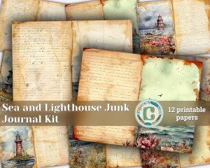 12 papers | Sea and Lighthouse Junk Journal Background with Intricate Details and Colorful Cliparts | Printable Scrapbooking Kit