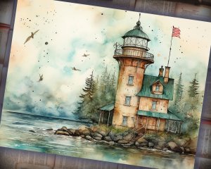 12 Papers | Sea and Lighthouse Junk Journal Kit with Colorful Background, Intricate Details, and Fairy Tale Watercolor Illustrations