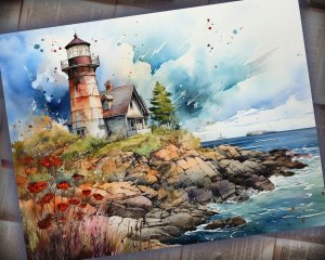 12 Papers | Sea and Lighthouse Junk Journal Kit with Colorful Background, Intricate Details, and Fairy Tale Watercolor Illustrations