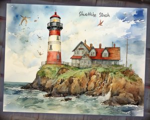 12 Papers | Sea and Lighthouse Junk Journal Kit with Colorful Background, Intricate Details, and Fairy Tale Watercolor Illustrations