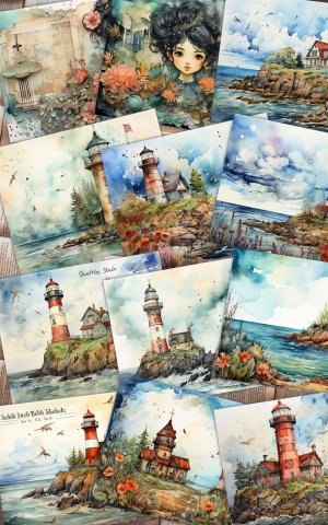 12 Papers | Sea and Lighthouse Junk Journal Kit with Colorful Background, Intricate Details, and Fairy Tale Watercolor Illustrations