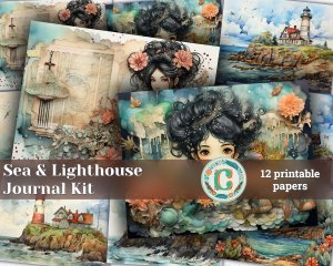 12 Papers | Sea and Lighthouse Junk Journal Kit with Colorful Background, Intricate Details, and Fairy Tale Watercolor Illustrations