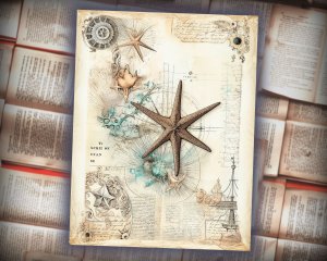 12 Papers | Sea Star Junk Journal Kit, Shabby Chic Ephemera, Scrapbooking Paper, Printable Pages, Journaling Kit, Nautical Theme