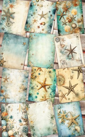 12 Papers | Sea Star Junk Journal Kit, Shabby Chic Ephemera, Scrapbooking Paper, Printable Pages, Journaling Kit, Nautical Theme