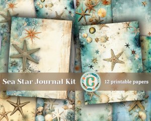 12 Papers | Sea Star Junk Journal Kit, Shabby Chic Ephemera, Scrapbooking Paper, Printable Pages, Journaling Kit, Nautical Theme