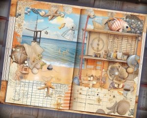 12 Papers | Sand and Sea Themed Junk Journal Background with Intricate Details and Colorful Clipart | Printable Scrapbooking Kit