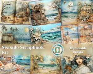 12 Papers | Sand and Sea Themed Junk Journal Background with Intricate Details and Colorful Clipart | Printable Scrapbooking Kit