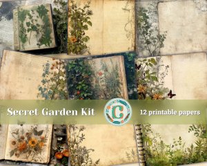 12 papers | Secret Overgrown Garden Junk Journal Page Background | Printable Scrapbooking Kit | Shabby Chic Victorian Lined Paper