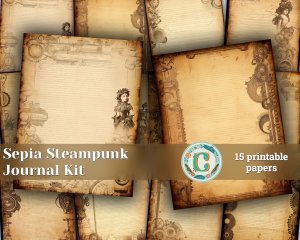 15 papers | Steampunk Sepia Toned Blank Journal Pages, Scrapbooking and Invitation Design, Shabby Chic Ephemera, Printable Junk Journal Kit