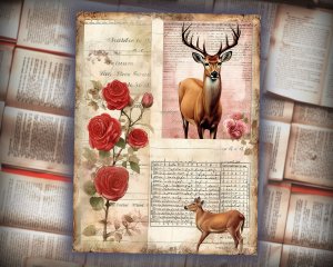 16 papers | Shabby Chic Vintage Watercolor Deer Scrapbooking Kit with Floral Garden and Collage | Printable Pages, Junk Journal