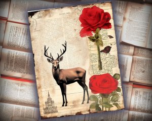 16 papers | Shabby Chic Vintage Watercolor Deer Scrapbooking Kit with Floral Garden and Collage | Printable Pages, Junk Journal