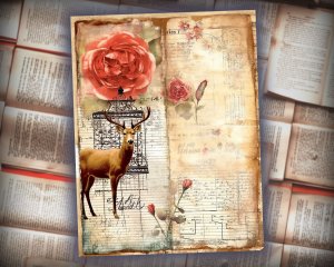 16 papers | Shabby Chic Vintage Watercolor Deer Scrapbooking Kit with Floral Garden and Collage | Printable Pages, Junk Journal