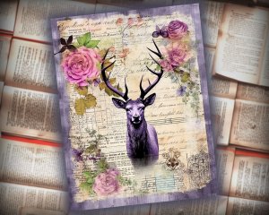 16 papers | Shabby Chic Vintage Watercolor Deer Scrapbooking Kit with Floral Garden and Collage | Printable Pages, Junk Journal