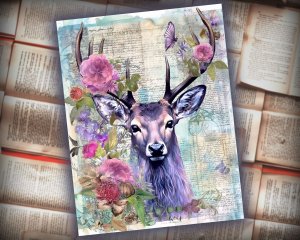 16 papers | Shabby Chic Vintage Watercolor Deer Scrapbooking Kit with Floral Garden and Collage | Printable Pages, Junk Journal