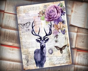 16 papers | Shabby Chic Vintage Watercolor Deer Scrapbooking Kit with Floral Garden and Collage | Printable Pages, Junk Journal