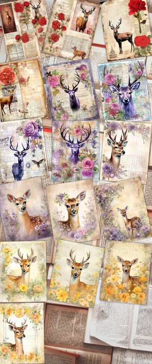 16 papers | Shabby Chic Vintage Watercolor Deer Scrapbooking Kit with Floral Garden and Collage | Printable Pages, Junk Journal