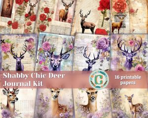 16 papers | Shabby Chic Vintage Watercolor Deer Scrapbooking Kit with Floral Garden and Collage | Printable Pages, Junk Journal