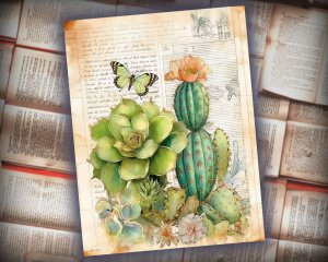 12 papers | Shabby Chic Scrapbooking Kit | Printable Pages for Junk Journaling, Invitations, and Designs | Watercolor Cactus Illustration