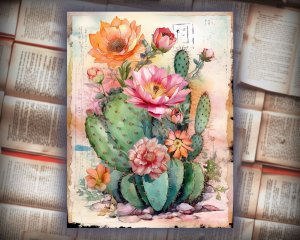 12 papers | Shabby Chic Scrapbooking Kit | Printable Pages for Junk Journaling, Invitations, and Designs | Watercolor Cactus Illustration