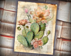 12 papers | Shabby Chic Scrapbooking Kit | Printable Pages for Junk Journaling, Invitations, and Designs | Watercolor Cactus Illustration