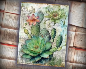 12 papers | Shabby Chic Scrapbooking Kit | Printable Pages for Junk Journaling, Invitations, and Designs | Watercolor Cactus Illustration