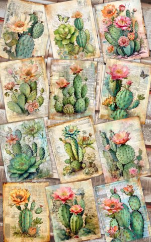 12 papers | Shabby Chic Scrapbooking Kit | Printable Pages for Junk Journaling, Invitations, and Designs | Watercolor Cactus Illustration