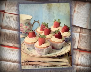 12 papers | Shabby Chic Scrapbooking Kit | Victorian Strawberry Cupcakes and Pale Vintage Journal Paper | Printable Pages | Junk Journal Kit