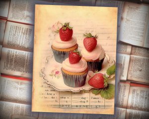 12 papers | Shabby Chic Scrapbooking Kit | Victorian Strawberry Cupcakes and Pale Vintage Journal Paper | Printable Pages | Junk Journal Kit