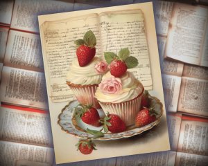 12 papers | Shabby Chic Scrapbooking Kit | Victorian Strawberry Cupcakes and Pale Vintage Journal Paper | Printable Pages | Junk Journal Kit