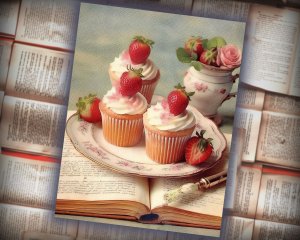 12 papers | Shabby Chic Scrapbooking Kit | Victorian Strawberry Cupcakes and Pale Vintage Journal Paper | Printable Pages | Junk Journal Kit