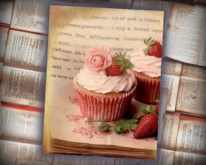 12 papers | Shabby Chic Scrapbooking Kit | Victorian Strawberry Cupcakes and Pale Vintage Journal Paper | Printable Pages | Junk Journal Kit