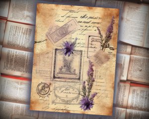 15 papers | Shabby Chic Vintage Scrapbooking Kit with Lavender Watercolor Details | Printable Pages for Junk Journals, Invitations