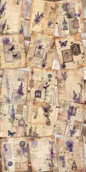 15 papers | Shabby Chic Vintage Scrapbooking Kit with Lavender Watercolor Details | Printable Pages for Junk Journals, Invitations